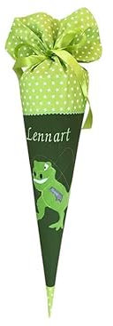 Glückspilz Schultüte mit Namen personalisiert, Dinosaurier, Zuckertüte aus Stoff, mit Kissen, Grün