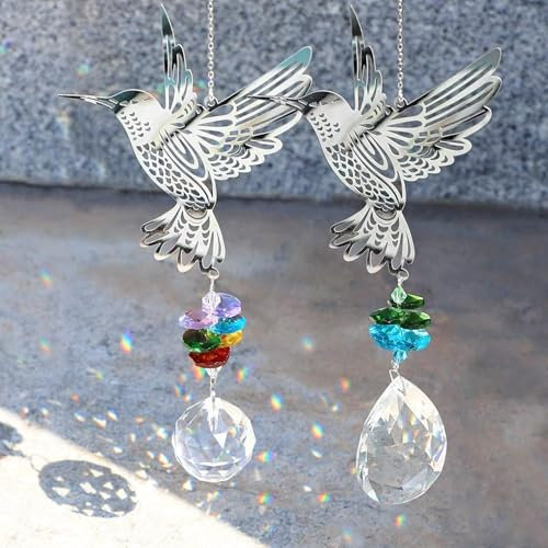 EEEKit 2PCS Hummingbird Suncatchers, Rainbow Maker Crystal Prism Suncatcher, Window Hanging Ornament for Christmas Tree Outdoor Indoor Home Garden Party Decoration