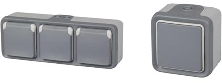 Legrand, 191515 Plexo Enchufe de Pared Triple, Enchufe estanco de Superficie de la Gama Plexo + 191501 Interruptor Conmutador Estanco de Superficie, Gris