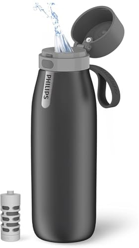 PHILIPS Water Bottle with Filter, Filter Water Bottle Stainless Steel with GoZero Everyday BPA-Free Tap Water Filter, Water Filter Bottle Keep Drink Cold 24 Hours, 1 Filter for 40 gal / 2 Months