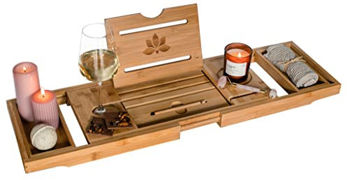 VELIATTE Badewannenablage Ausziehbar Holz 70-105 x 23 x 4 cm - Bamboo Bathtub mit Ständer und Stift für Tablets und Telefone - Wein Halterung Badewanne - Bath Table - Tablet Halterung Badewanne