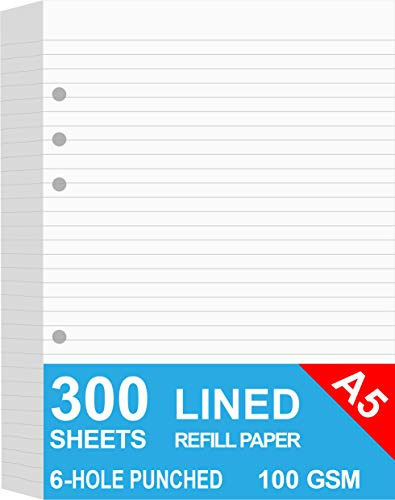 (3 Packungen) A5 Liniertes Papier, 300 Blätter Nachfüllpapier für große Leder-Journal/Filofax-Binder, 6 Löcher gelocht, 100 GSM liniertes weißes Füllpapier, 14.8 x 21cm