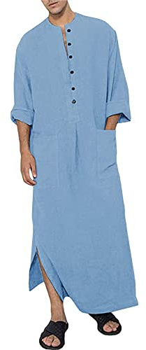 YAOHUOLE Men's Long Sleeve Thobe Button Up Abaya Long Gown Side Split Kaftan Robe with Pockets