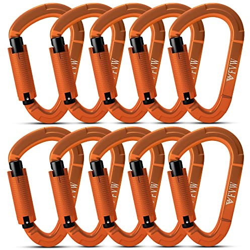 FVW 10 Pieces Heavy Duty Climbing Carabiners, 25KN UIAA Certified Auto Locking Rock Climbing Carabiners Clips for Hammocks, Swing, Locking Dog Leash and Harness, Camping, Hiking & Utility (Orange)