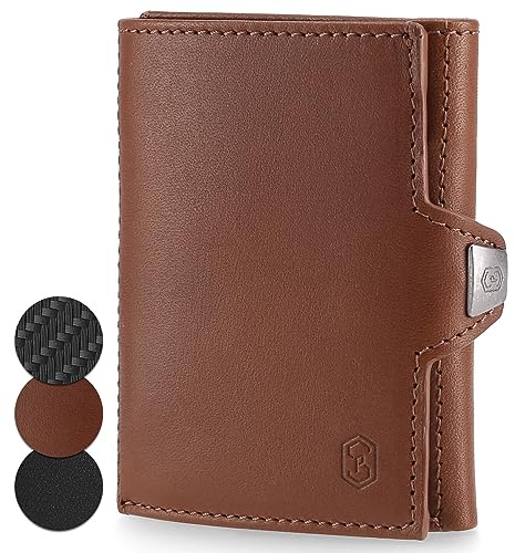 slimpuro TRYO Kleine Geldbörse Herren & Damen, Leder Portemonee mit Münzfach, Kartenetui, Geldbörse Männer RFID Schutz, Druckknopf, Portemonnaie, Mini-Geldbörse mit Platz für mehrere Karten, Braun