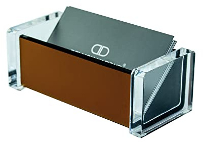 DELMON VARONE - Premium Visitenkartenhalter aus Acryl und Leder braun - Stilvoller Business Visitenkartenständer für Büro, Empfangsbereich oder Theke - Visitenkartenbox für Schreibtisch