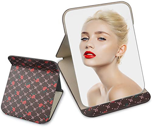 BULANGDE Specchio da Tavolo Pieghevole PU Cuoio, Specchio Portatile Viaggio Regolabile, Specchio Trucco Grande per il Trucco e la Rasatura da Campeggio al Chiuso 20.5 * 15.5cm (Marrone scuro)