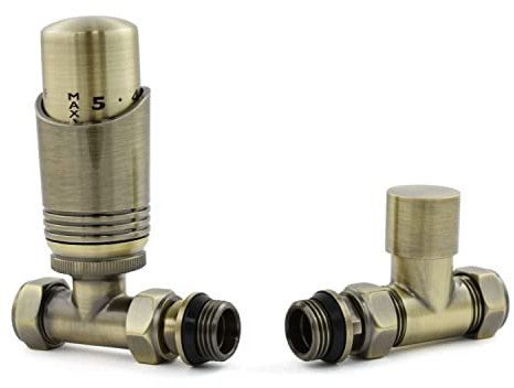 Hot Flow Antique Brass Cascade Straight Modern TRV Thermostatic Radiator Valve (Pair) Includes TRV Body & One Lock Shield for Quick & Easy Temperature Control. Perfect for Energy Saving.