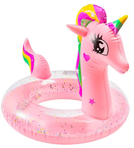 GROBRO7 Pink Unicorn Inflatable Pool Float with Glitters for Toddlers Summer Swimming Pool Ring Outdoor Water Lounge Raft Vinyl Swimming Floaty Pool Toy Beach Party Supplies for Kids, Age 3 to 8