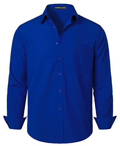 PARKLEES Men's Regular Fit Dress Shirt Solid Wrinkle-Free Long Sleeve Casual Business Button Up Shirts with Pocket PZSSCL05-Royal Blue XL