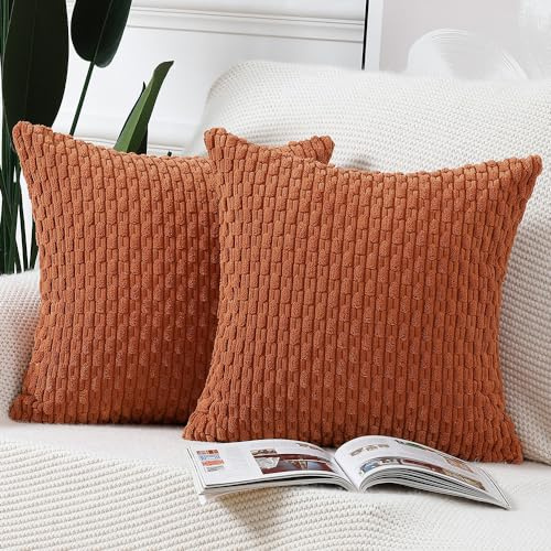 Madizz 2 Pezzi Fodere in Velluto a Coste a Righe Boho Fodere per Cuscino Decorativa Morbida per Divano Camera da Letto Guscio del Cuscino Rosso mattone Quadrata 50 x 50 cm