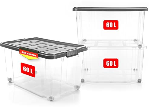 BigDean 3 Stück 60 L Aufbewahrungsbox mit Deckel groß stahlgrau stapelbar | stapelbare robuste Box - rollbare Stapelbox mit festen Klickverschlüssen - Made in Germany