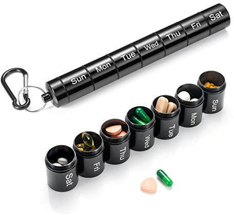 Métal Alu Boîte à comprimés 7 jours compartiments Noir Aluminium Mini Petite Semaine étanche à emporter Longue Boîte à pilules Organisateur médicaments pour le voyage en plein air Camping En route