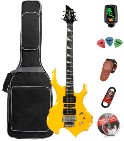 Bullfighter E-Gitarre für Erwachsene, Anfänger, Rockgitarre, professionell, mit Gitarrentasche, Plektren, Kabel, Stimmgerät, Gurt und Saiten (Yellow)