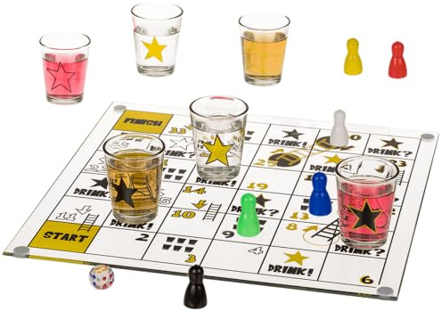 Out of the blue Trinkspiel, Schlangen und Leitern, inkl. Glas-Spielbrett, 1 Würfel, 6 Shooter-Gläser und 6 Spielfiguren, in Geschenkverpackung