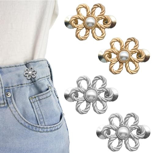 Mezrkuwr 4 Paar Blumen Jean Knopfnadeln, Blütenblattform Verstellbare Nagelfreie Taillenschnallen, Nähfreiknopf Button Pins Abnehmbarer Jeansknopf Hosen Clips