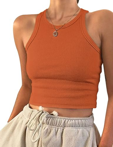 PLOKNRD Camiseta sin Mangas para Mujer Verano Camisetas Tirantes Cuello Redondo Elegante Punto Básica Chalecos Tops Casual Sólido Elástico Ajustado Tank Shirt Orange Foncé S