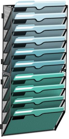 SUPEASY 10-Tier Wall File Organizer, Hanging Wall Files for Papers, Folders, Magazines, Clipboard, Wall Organizer for Office Home School Classroom, Black
