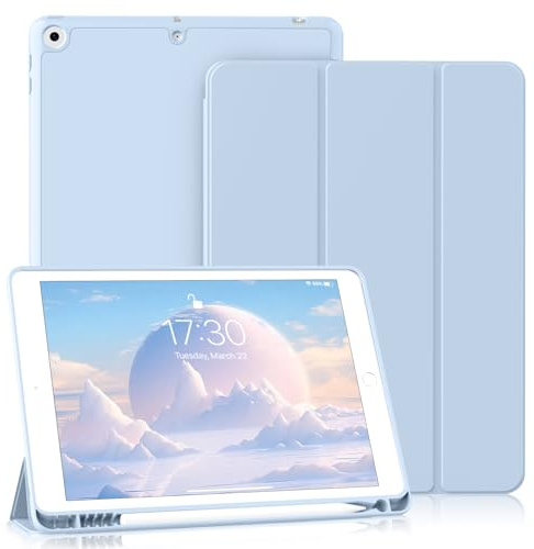 BQDIYOO Hülle für iPad 9. / 8. / 7. Generation mit Stifthalter 10.2 Zoll für iPad 9/8/7 (2021/2020/2019), Weiche Silikon Schutzhülle, Auto Schlafen/Wache, Blau