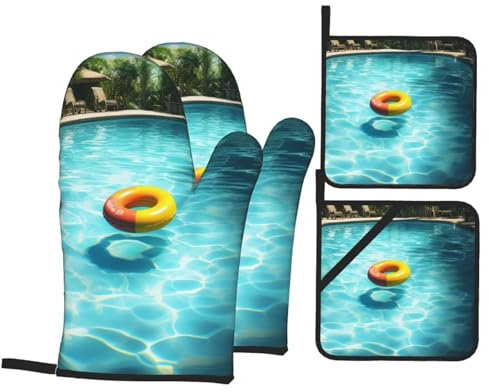Ofenhandschuhe und Topflappen, hitzebeständig, für Küche, Backofen, Pool, Party, Druck, Topflappen, rutschfeste Grillhandschuhe, heiße Pads zum Grillen, Kochen, Backen, 4 Stück