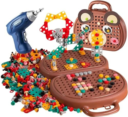 Starnearby Magic Montessori Play Toolbox Bear Electric Drill Toy for Kids Puzzle Box Tool Set Creative Toys for 3-5 Year Olds