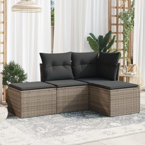 ULUYYUC 4-TLG. Garten-Sofagarnitur, Polsterbank Fußhocker Eckbankgruppe Gästebett Geeignet für Balkon Hinterhof Garten Außenbereich mit Kissen Grau Poly Rattan