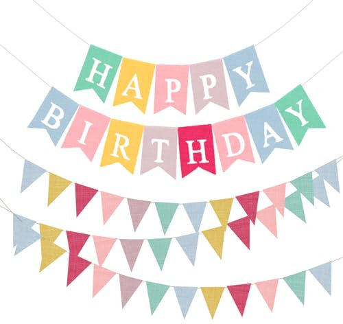 Happy Birthday Banner & Bunting, 3 PCS Burlap Flags, Fabric Birthday Hanging Garland Party Decor, Multicolor Swallowtail & Triangle Flag Outdoor Waterproof for Home Garden