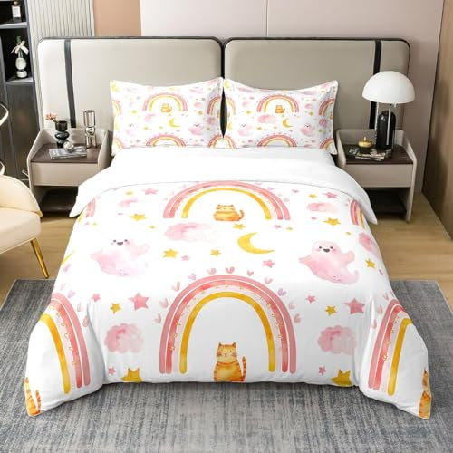 100% Bio-Baumwolle Mädchen Regenbogen 200x200 Bettbezug für Kinder Kind,Kawaii Katze Mond Wolke Tröster Abdeckung,Rosa Nette Geist Bettwäsche Set,Doodle Stil Cartoon Muster Bett Set,Soft Warm