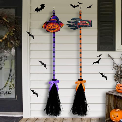 Tiaxidex Decoración de escoba de bruja de Halloween, decoraciones de Halloween, con 2 escobas de bruja de madera, 47 pulgadas de largo, escoba mágica de Halloween para decoración del hogar de