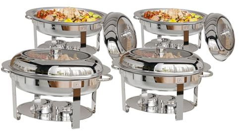 ROVSUN 4 Pack Oval Chafing Dish for Buffet, 6QT Stainless Steel Chafing Dish Buffet Set with Glass Lid, Chafers and Buffet Warmers Sets for Party, Catering, Wedding, Banquet, Graduation