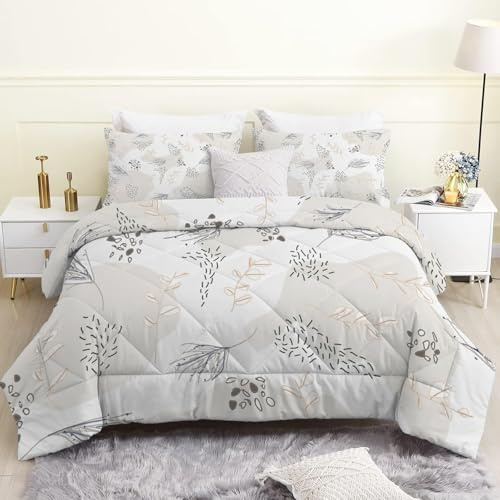 Linfye Bettdecke 200x200cm, Hellgraue Pflanze 4 Jahreszeiten Bettdecke 200x200, Modernes Muster Steppdecke Ganzjahresdecke Bettdecken, Waschbar Gesteppte Duvet Schlafdecke mit 2 Kissenbezug 80x80cm