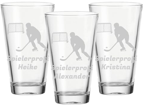 LUXENTU Trinkglas mit Gravur, Eishockeyspieler Motive, 300 ml, 3 Stück | Personalisierte Universalgläser für Kinder, Erwachsene & Eishockeyfans, Spülmaschinenfest