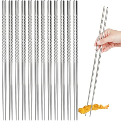 Hiceeden 12 Pairs 38cm/ 15 Inches Extra Long Cooking Chopsticks, Stainless Steel Reusable Frying Chopsticks, Metal Japanese Korean Chinese Hotpot Chopstick with Anti-Slip Threaded for Noodles, Silver