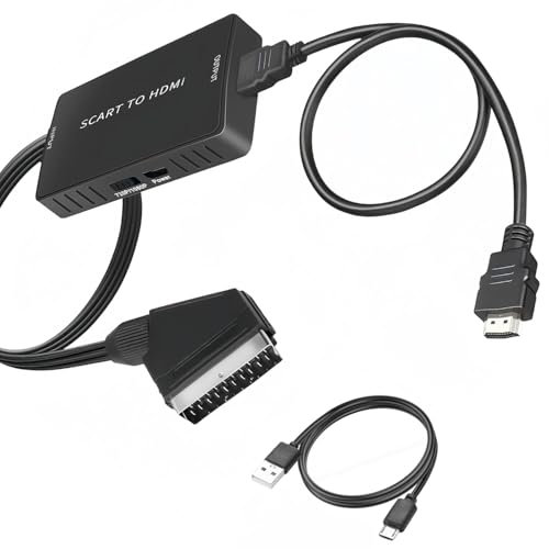 Beigemo Convertitore da scart a HDMI 2025, cavo scart a HDMI con interruttore 720P/1080P, adattatore per monitor TV, proiettore, per lettore DVD VHS, STB, Xb0x