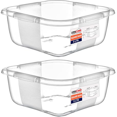 Best House | Plastic Washing up Bowl Basin | 3 Litres | Small Square Kitchen Basin Wash Bowl | Clear | 2 pcs | Multipurpose Bath Tub/Washing Tub for Kitchen, Bathroom, and Household Use (Pack of 2)