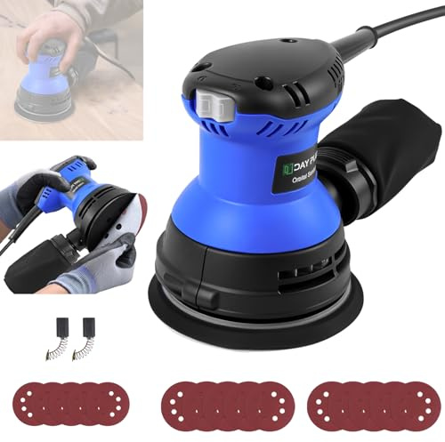 Orbital Sander, 300W Powerful Motor Electric Sander for Walls and Wood, 6 Variable Speed Control, 4000-10700RPM, Hand Held Sanding Machine with Dust Collector Bag, 15Pcs 125mm Sandpapers