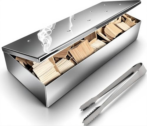 Auisea Caja ahumadora con mini pinzas para parrilla de carbón y parrilla de gas, caja ahumadora de astillas de madera de acero inoxidable con tapa con bisagras, caja de humo resistente para barbacoa