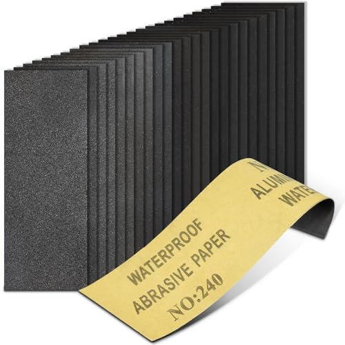 20 hojas de papel de lija de grano 240, hojas de papel de lija húmedo y seco, 9 x 3.6 pulgadas, papel de lija para metal, muebles de madera, automoción y manualidades