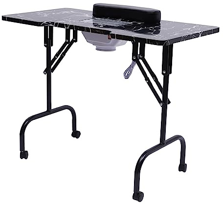 Maniküre Nageltisch - Faltbar Nagelstudio Tisch mit Staubkollektor Fan | 6W 2800RPM | Professionell Nagel Mobiler Tisch mit Rollen | Maniküretisch für beide Salon und zu Hause | Schwarz