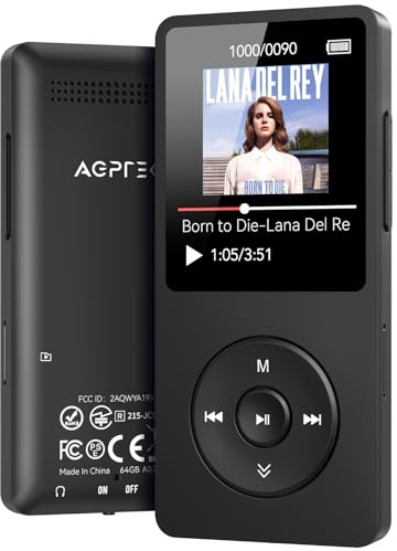 AGPTEK A02 Lecteur MP3 64 Go avec Bluetooth 5.3, lecteur de musique portable avec écran de 4,57 cm et haut-parleur, radio FM, enregistreur vocal, prend en charge une extension jusqu'à 128 Go, Noir