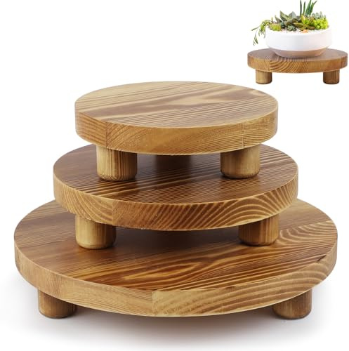 SPHOSWHP Holzpflanzenständer, Holzpodeste für den Innen- und Außenbereich zur Dekoration, Holz-Hocker-Ausstellungsständer für Zuhause, Tisch, Badezimmer, Küche, rund, braun, 3 Stück