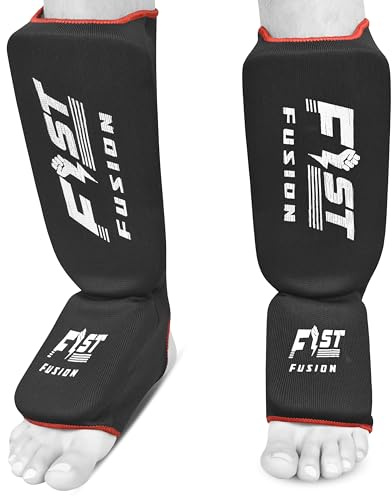 FF Muay Thai Shin in Step, Kickboxing MMA Boxing Training Sparring Leg Foot Guards Cotton Cloth Elasticated Pair