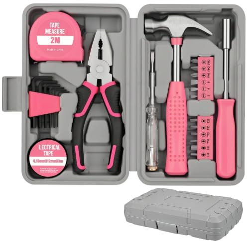 24 PCS Pink Tool Kit - Portable Home Tool Set with Storage Box | Essential Mini Hand Tools for Repairs & Maintenance at Home, Office, School, Garage - Starter Basic Tool Kit for Men & Women