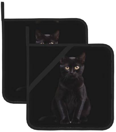 AKGFFDS Set di due presine quadrate resistenti al calore con stampa di un gatto nero, 20,3 x 20,3 cm, tessuti di qualità, antiscottatura e facili da pulire