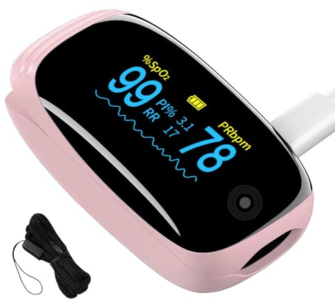 Fingertip Pulse Oximeter with Respiration Rate Monitoring, SpO2, Heart Rate, PI & RR Measurements, Blood Oxygen Rechargeable OLED Display with 6 Modes & 4-Way Rotatable Screen (Pink)