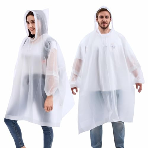 DZTSMART 2 stycken regnponcho festival, full ärm regnjacka dam, regnrock herr, vattentät poncho, EVA bärbar unisex regncape för överlevnad, cykel, vandring, camping, stadion, Vit, one size