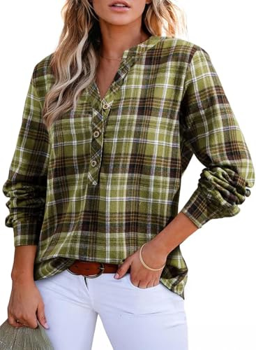 GRMLRPT Blusa a Cuadros para Mujer con Botones Manga Larga Oktoberfest Túnica Informal, Cuello en V Camisa de Franela(Verde,S)