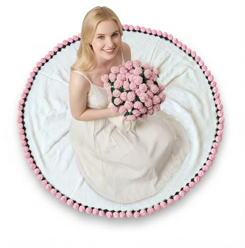 Bibykivn Manta Ramo de Flores,Manta con Flores de Ganchillo Terminada, Mantas de Ganchillo con Adorno de Rosas, Mujeres para San Valentín y Cumpleaños (Rosa - Rosa, 80CM)