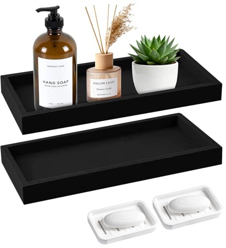 2 Pcs Bathroom Vanity Tray with 2 Soap Tray, 20 × 10 cm Black Rectangular Silicone Decorative Tray for Storage Perfume, Candles, Soap, Dressing