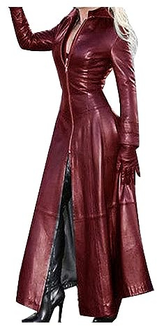 Läderkappa dam trenchcoat dam lång M-4XL, elegant slim fit PU-läderkappa lång jacka dam konstläderjacka med dragkedja Läderjacka Konstläder(Wine red,5XL)